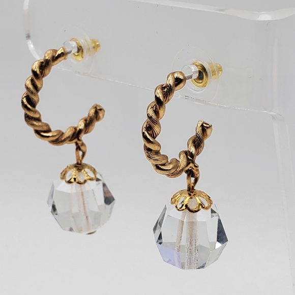 AB Crystal Faceted Bead Hoop Earrings Twisted Gold Tone Pierced Drop Dangle - Picture 2 of 6